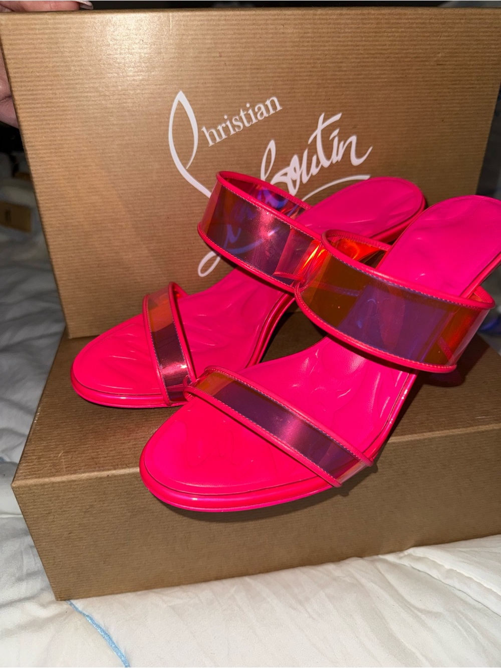 Christian Louboutin Neon Pink Iridescent Double Strap Heels
